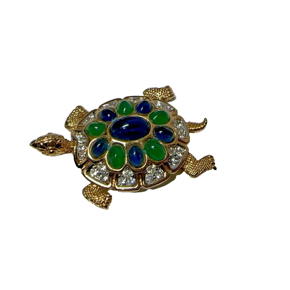 Vtg D'ORLAN Gold Plated GREEN BLUE Cabochons TURTLE Pin Brooch Rhinestones
